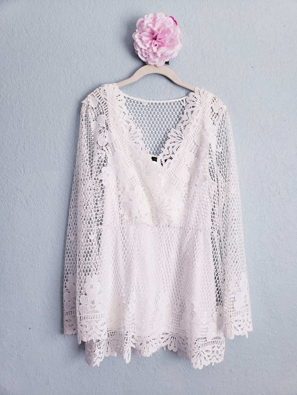 Boston Proper White Sheer Lace Crochet Long Sleeve Tunic Dress